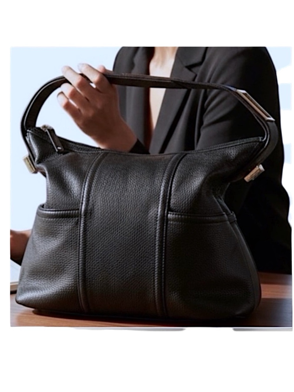 TIGNANELLO Large Hobo Style Black Pebbled Leather Shoulder Gold Tone Hardware